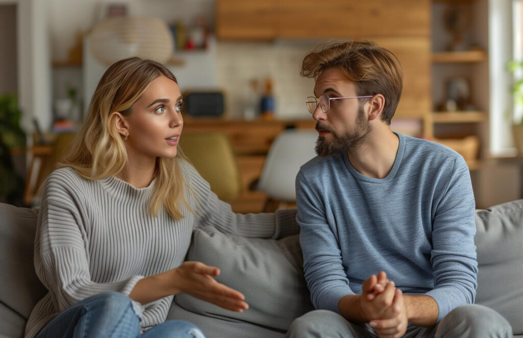 a man and woman sitting on a couch