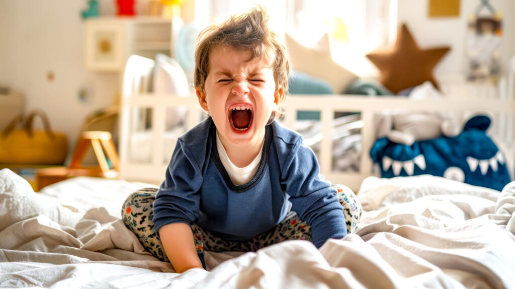 a child sitting on a bed with his mouth open