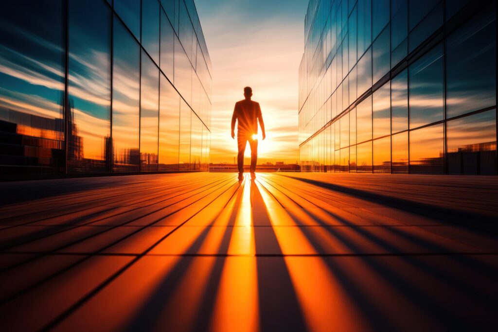 a man walking on a walkway with a sunset behind him - build resilience through adversity