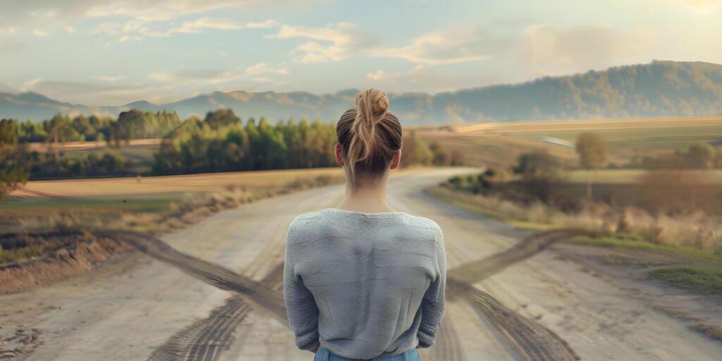 a woman standing on a road - daily self-reflection for personal growth