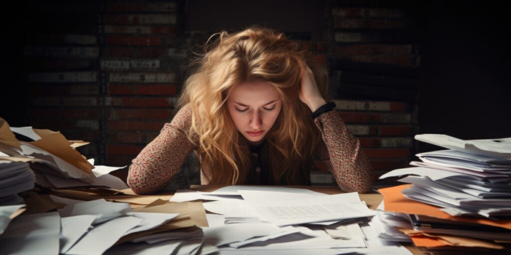 how to stop people pleasing: a woman looking at papers