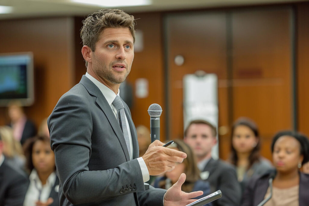 how to stop using filler words: a man in a suit holding a microphone