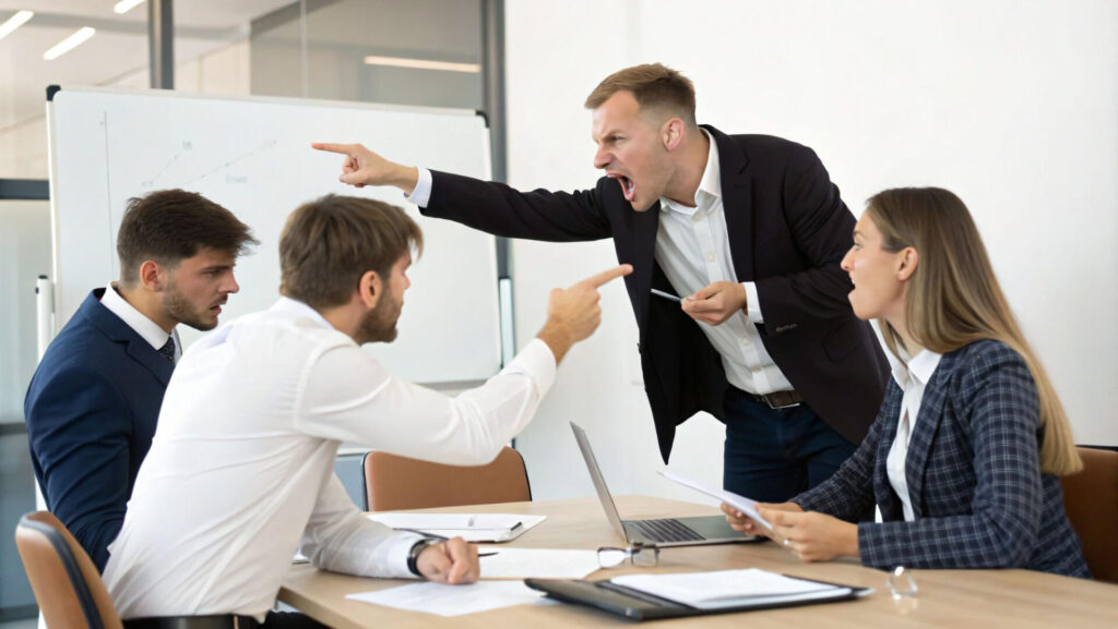conflict resolution strategies: a man pointing at a man in front of a group of people